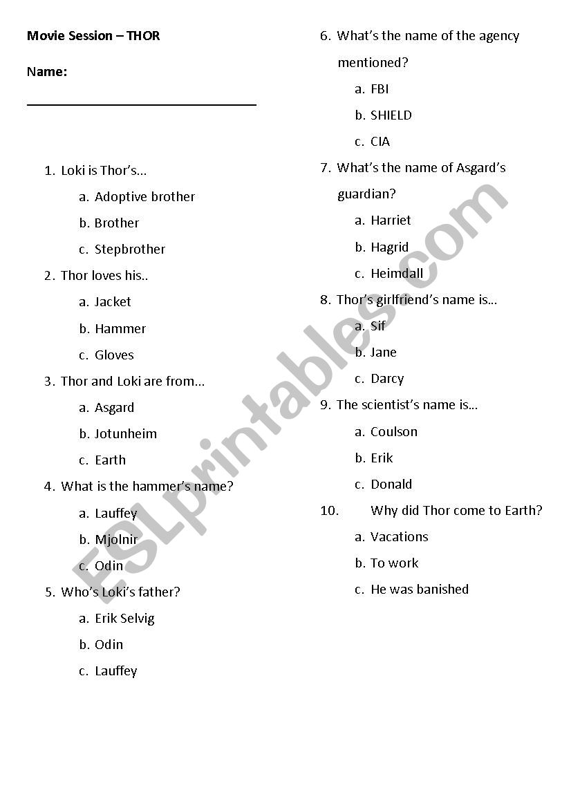 [Basic] Movie Activity - Thor worksheet